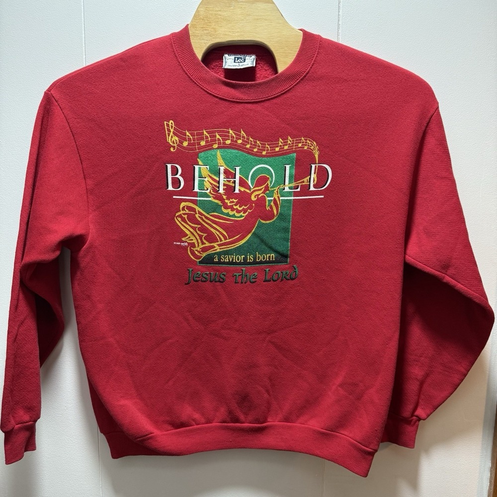 Vintage Christmas Sweatshirt Adult L Red Jesus Christ Lord Savior‎ Holiday 90s